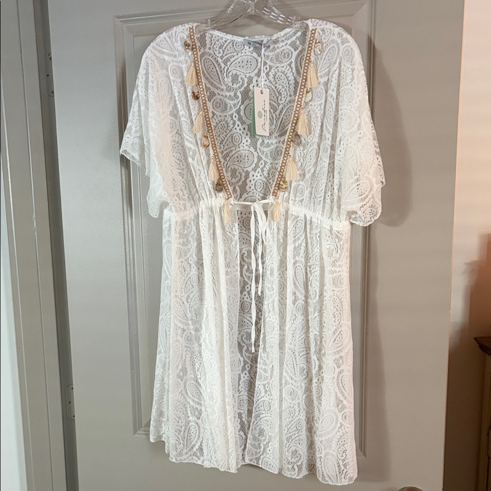 White Lace Cover-Up with Tassel Details